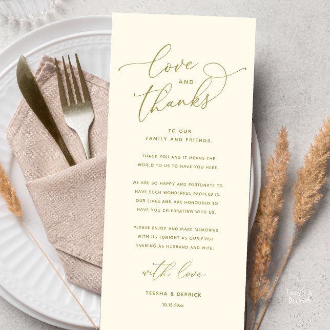 Love and Thanks, Wedding Dinner Thank You Card Programm (Love and Thanks, Wedding Romantic Reception Thank You Card in Yellow Gold)