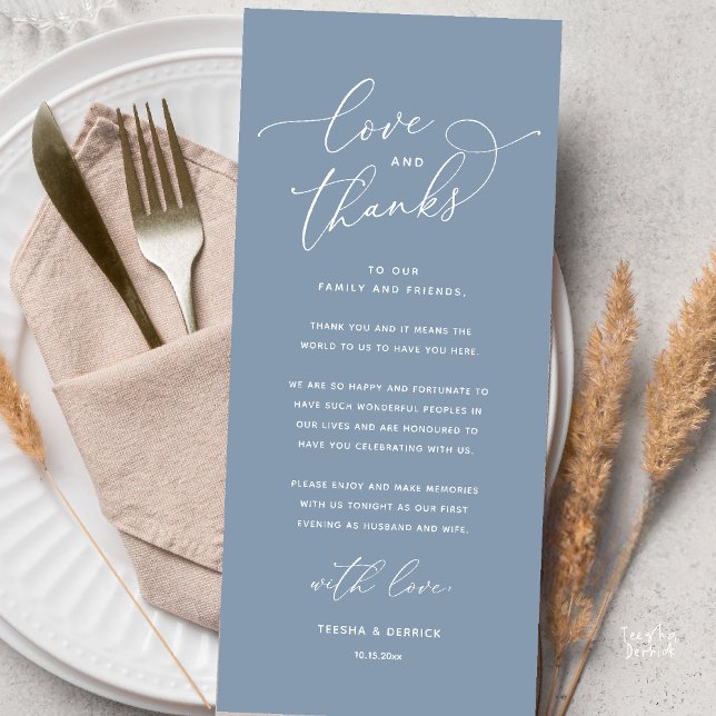 Love and Thanks, Wedding Dinner Thank You Card Programm (Love and Thanks, Wedding Romantic Reception Thank You Card in Dusty Blue)