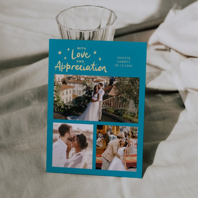 Love Appreciation Wedding Multi Photo Aqua Blue Dankeskarte (Von Creator hochgeladen)