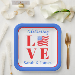 LOVE Aquarell-Amerikanische-Flagge-NAME-Braut-  Pappteller