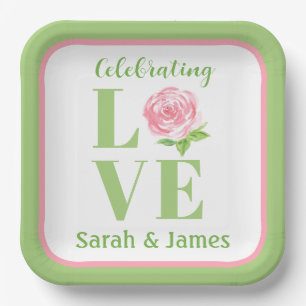LOVE Aquarell-Rose NAME Brautjungfer Grün Pink Pappteller