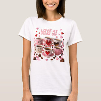 Love at First Sip Five Coffee Cups Heart Motif T-Shirt