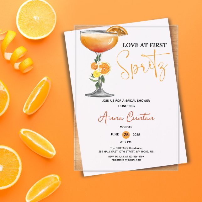 Love at First Spritz Bridal Shower Cocktail Drink Acryleinladungen (love at first spritz bridal shower invitations cocktail drink modern bride citrus orange italy her)