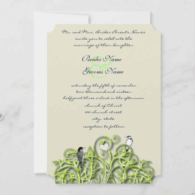 Love Bird Green Swirl Tree Hochzeitseinladung #2 Einladung (Rückseite)