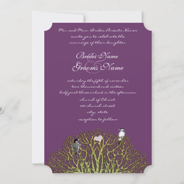 Love Bird Lila und grüne Swirl Tree Wedding Einladung (Rückseite)