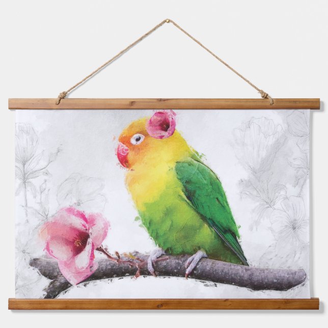 Love Bird mit Blume Wandteppich Mit Holzrahmen (Vorne)