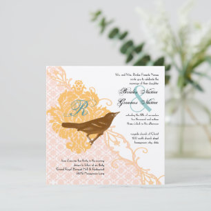 Love Bird Pink Apricot, Robin Egg Blue Damask Einladung