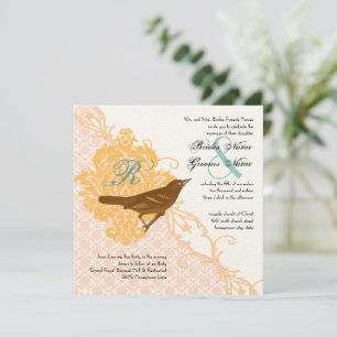 Love Bird Pink Apricot, Robin Egg Blue Damask Einladung