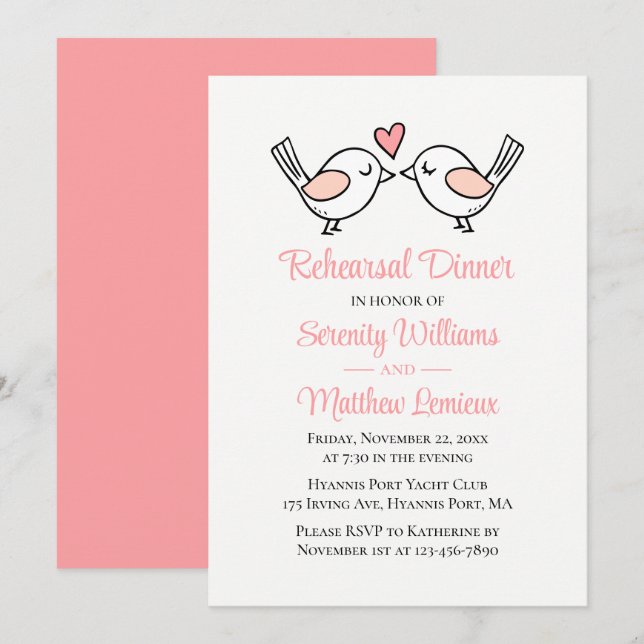 Love Bird Pink Lovebirds Hochzeitsessen Probe Einladung (Vorne/Hinten)
