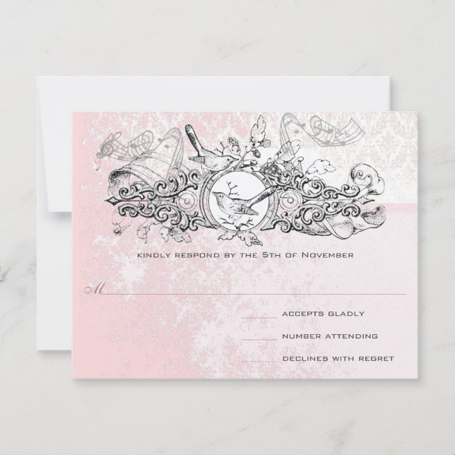 Love Bird Pink Musical Scroll Monogram UAWG RSVP Karte (Vorderseite)