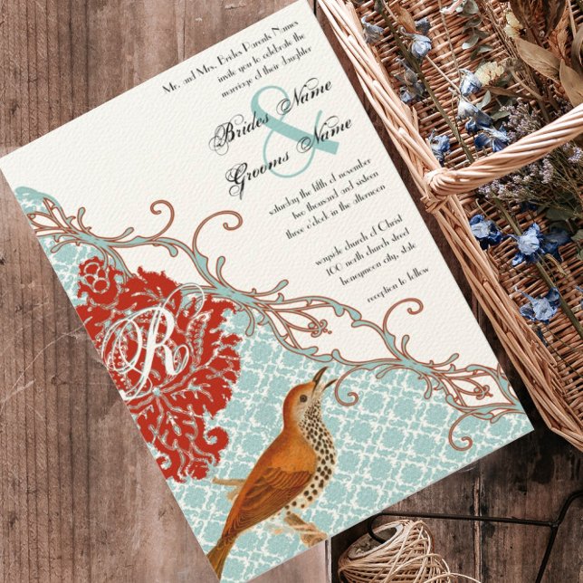 Love Bird Red (mehr rot) Endive Damask Wedding Einladung (Von Creator hochgeladen)