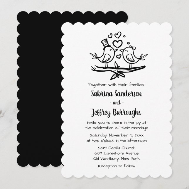 Love Bird Schwarz-weiß Lovebirts Hochzeit Einladung (Vorne/Hinten)