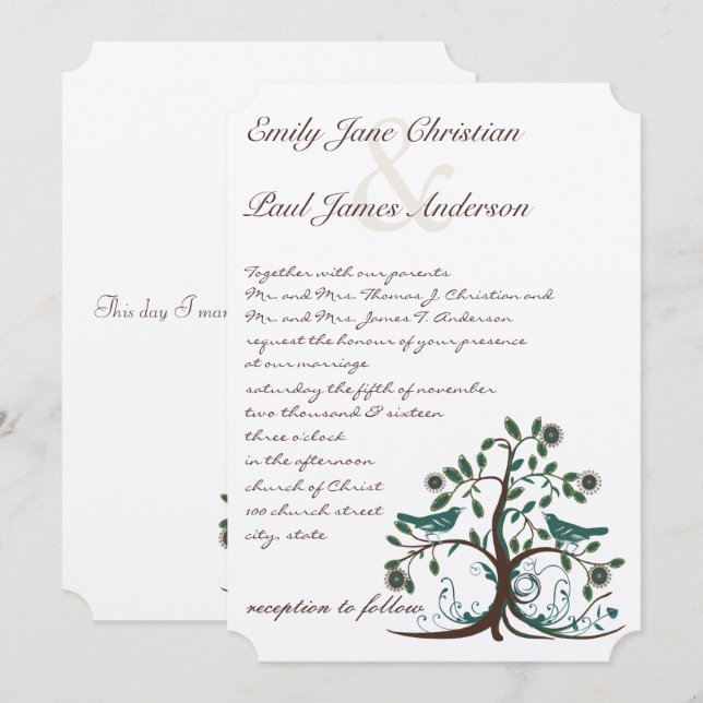Love Birds Aquamarin & Brown Tree Hochzeit Einladu Einladung (Vorne/Hinten)
