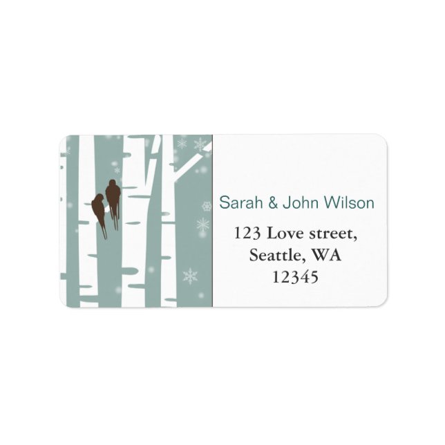 Love Birds Birch Tree Winter Wedding Adressaufkleber (Vorne)