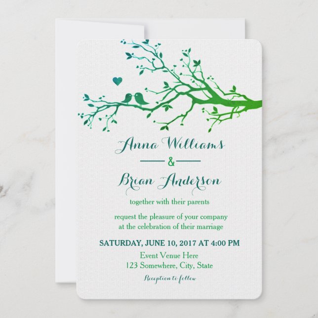Love Birds Branches Green Hues Hochzeit Einladung (Vorderseite)