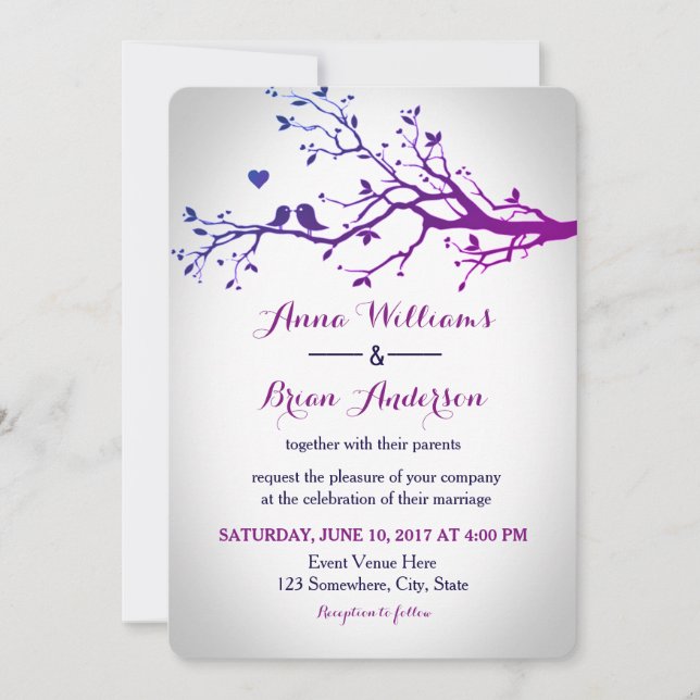 Love Birds Branches Lila & Navy Hochzeit Einladung (Vorderseite)