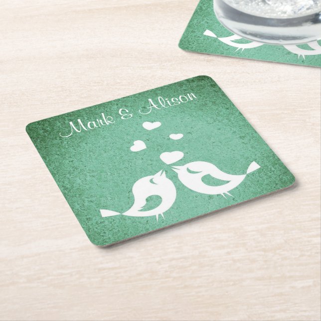 Love Birds Elegant Green Personalised Rechteckiger Pappuntersetzer (angewinkelt)