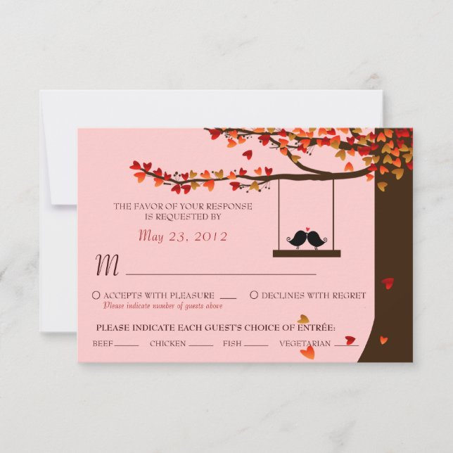 Love Birds Falling Hearts Oak Tree UAWG (Mahlzeit) RSVP Karte (Vorderseite)
