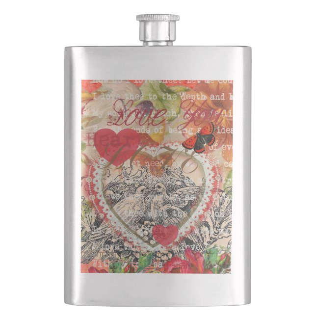 Love Birds Heart Red Art Collage Flachmann (Vorderseite)