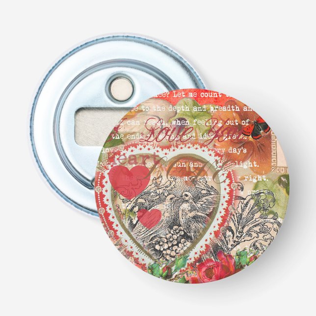 Love Birds Heart Red Art Collage Flaschenöffner (Vorderseite)