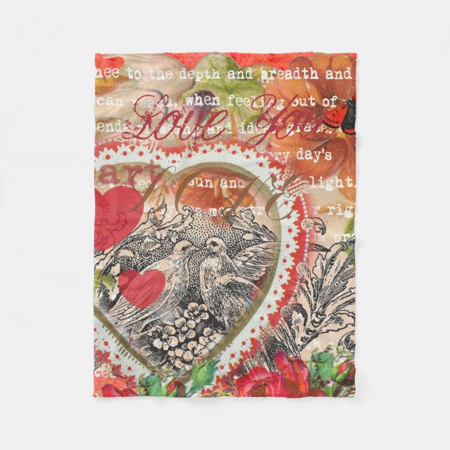 Love Birds Heart Red Art Collage Fleecedecke (Vorderseite)