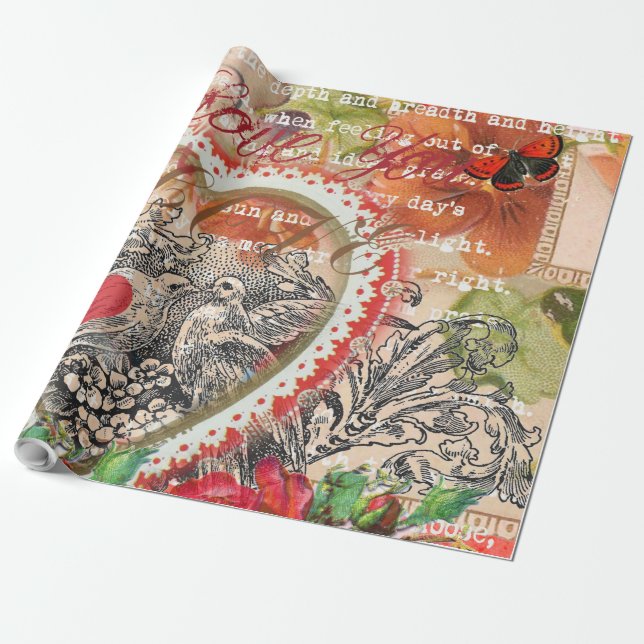 Love Birds Heart Red Art Collage Geschenkpapier (Ungerollt)