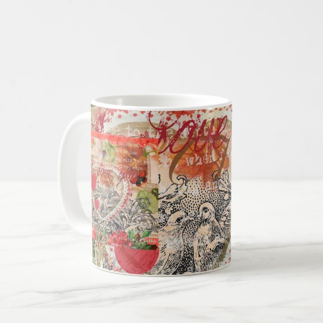 Love Birds Heart Red Art Collage Kaffeetasse (Vorderseite Links)