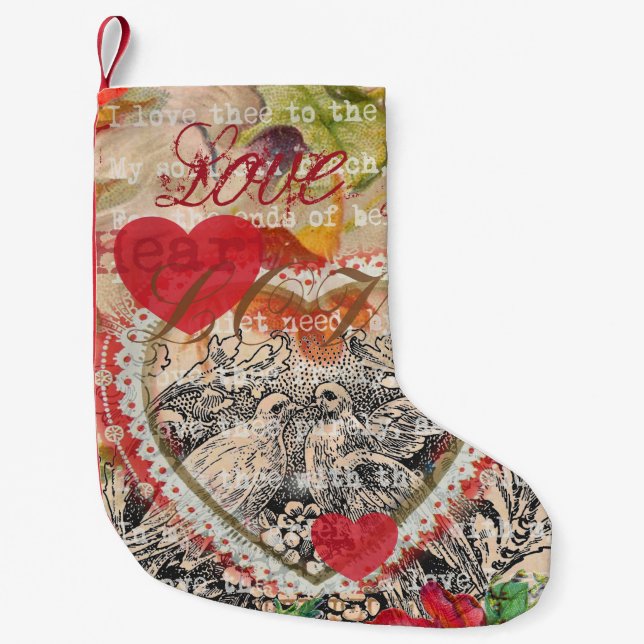 Love Birds Heart Red Art Collage Kleiner Weihnachtsstrumpf (Vorderseite)