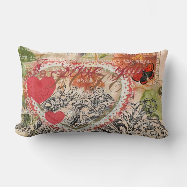 Love Birds Heart Red Art Collage Lendenkissen (Vorderseite)