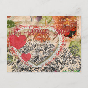 Love Birds Heart Red Art Collage Postkarte