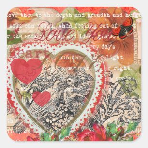 Love Birds Heart Red Art Collage Quadratischer Aufkleber