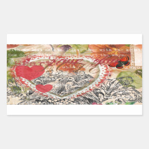 Love Birds Heart Red Art Collage Rechteckiger Aufkleber