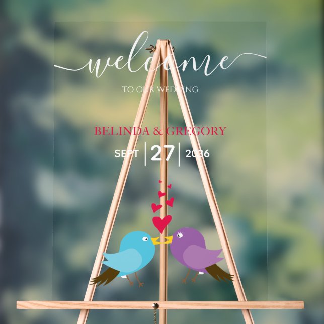 Love Birds & Hearts Wedding Willkommenszeichen Acrylschild (Neutral)