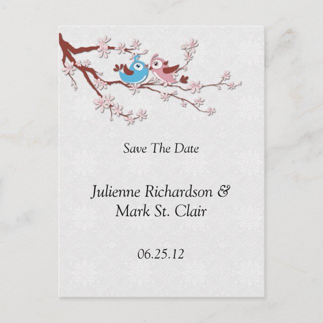 Love Birds Kirschblüten Save the Date Ankündigungspostkarte (Vorderseite)