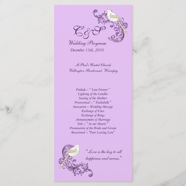 Love Birds Lila/Lavender Weddings Programmes Programm (Vorderseite)