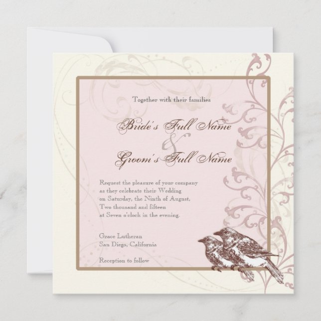 Love Birds 'n Lace - Rose Hochzeit Einladung (Vorderseite)