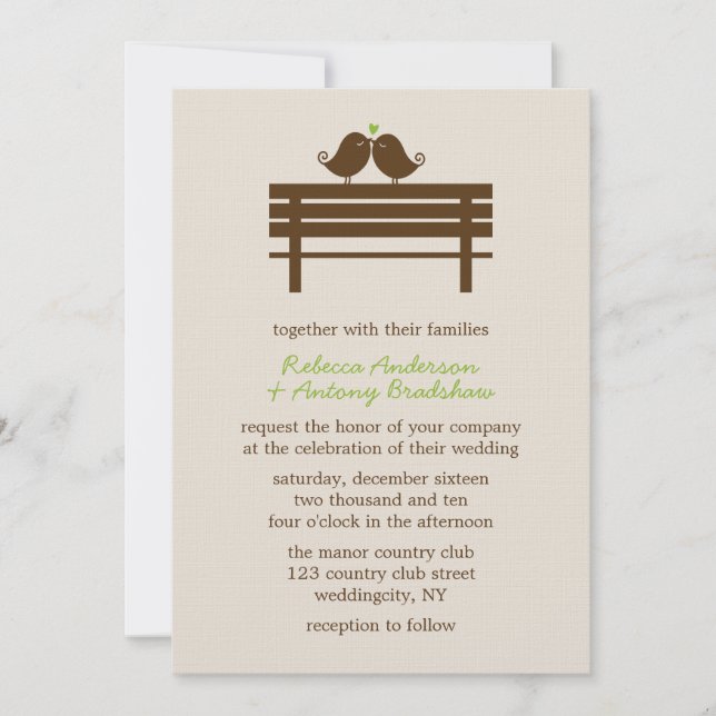 Love Birds on Park Bench Wedding Einladung (Vorderseite)