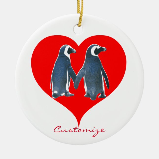Love Birds Penguin Couple Red Heart Thunder_Cove Keramik Ornament (Vorne)
