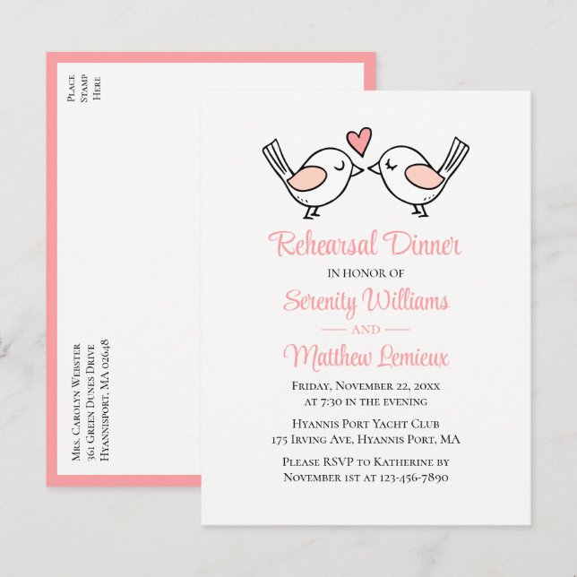 Love Birds Pink Wedding Lovebirds Probe Dinner Einladungspostkarte (Vorne/Hinten)