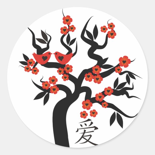 Love Birds Sakura Kirschbaum Chinesische Liebe Runder Aufkleber (Vorderseite)