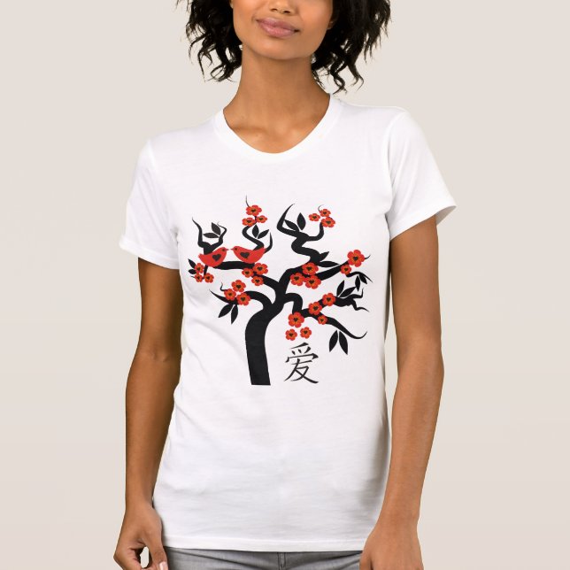 Love Birds Sakura Kirschbaum Chinesische Liebe T-Shirt (Vorderseite)