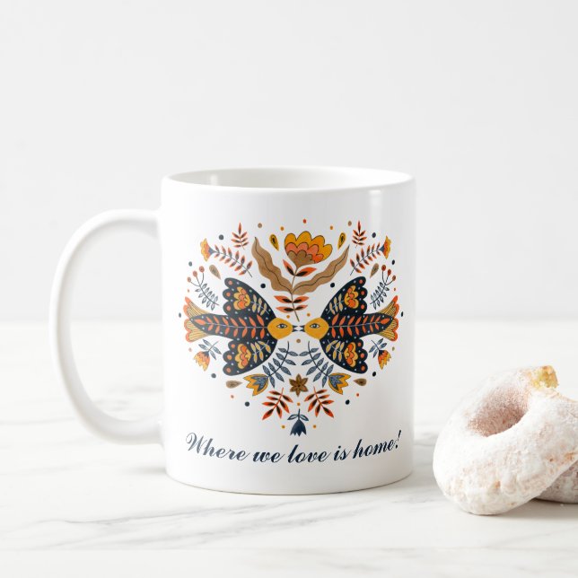Love Birds Skandinavien Folk Art Valentine's Day Kaffeetasse (Mit Donut)