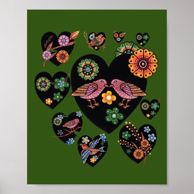 Love Birds Skandinavien Folk Art Valentine's Day Poster (Vorne)
