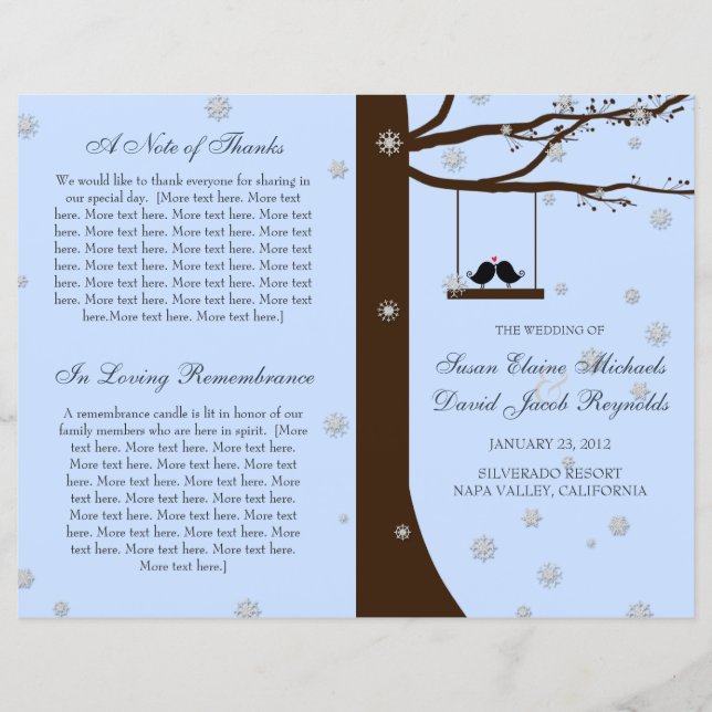Love Birds Snowflakes Oak Tree Hochzeitsprogramm (Vorderseite)