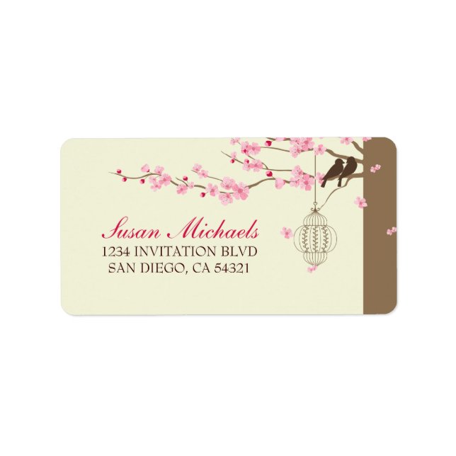 Love Birds Vintag Cage Cherry Blossom Adressaufkleber (Vorne)