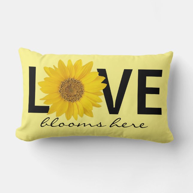 Love Blooms Ici Sunflower Jaune Lumbar Coussin (Recto)