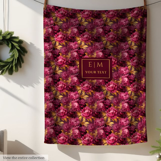 Love Blush Magenta Gold Floral Fleecedecke (Lovely Blush Magenta Gold Floral Watercolor Boho Fleece Blanket)