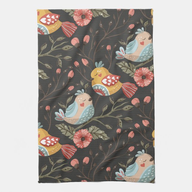 Love Boho Birds Blumenmuster Geschirrtuch (Vertikal)