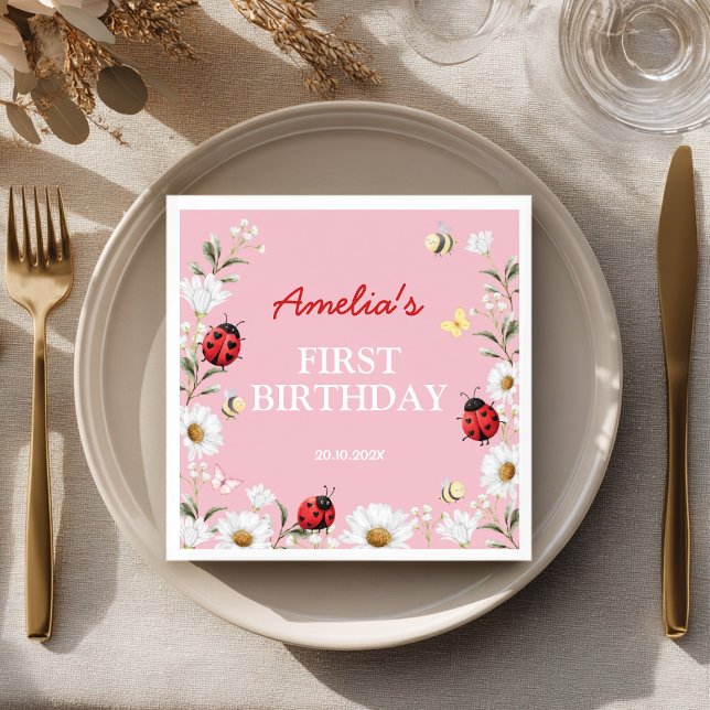 Love Bug Ladybug Daisy Floral Birthday Party Serviette (Von Creator hochgeladen)