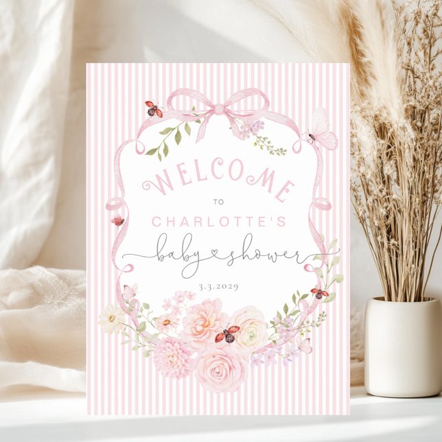 Love Bug Pink Bow Stripes Baby Shower Welcome Foam Poster (Von Creator hochgeladen)